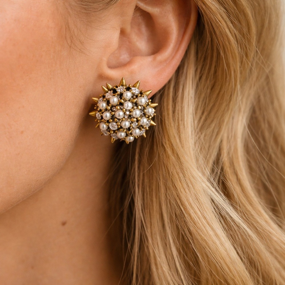 Vintage 1960s Sunburst Clip-On Earrings Gold Rhinestone Faux Pearl Mid Century